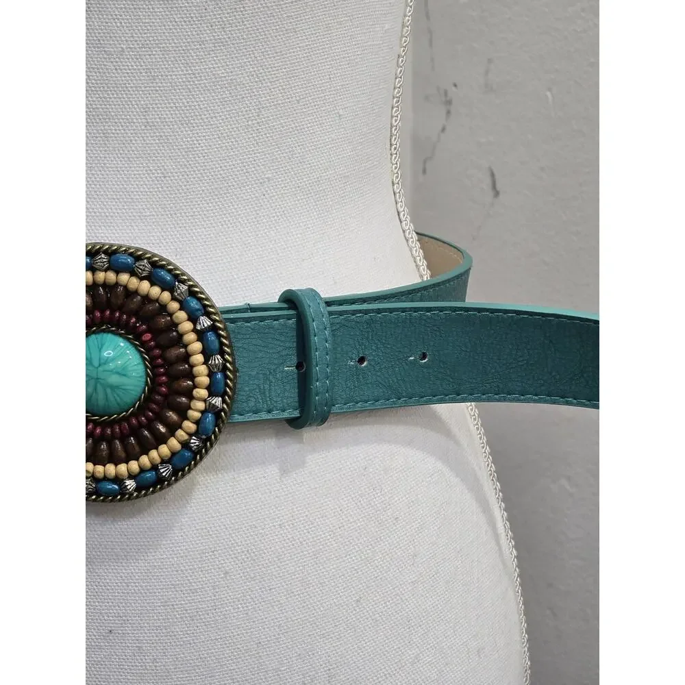 Vintage Womens Medium Belt Western Cowgirl Turquoise Teal Beaded Large Concho